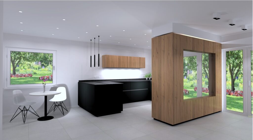 3D-Visualisierung einer schwarzen Küche mit Eichenholz-Oberschrank, freistehendem Holzkubus und Blick in den Garten