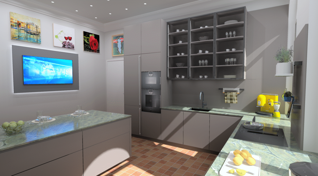 3D-Visualisierung einer U-Küche in Greige mit grünlicher Arbeitsplatte, offenem Hängeschrank und Fliesenboden