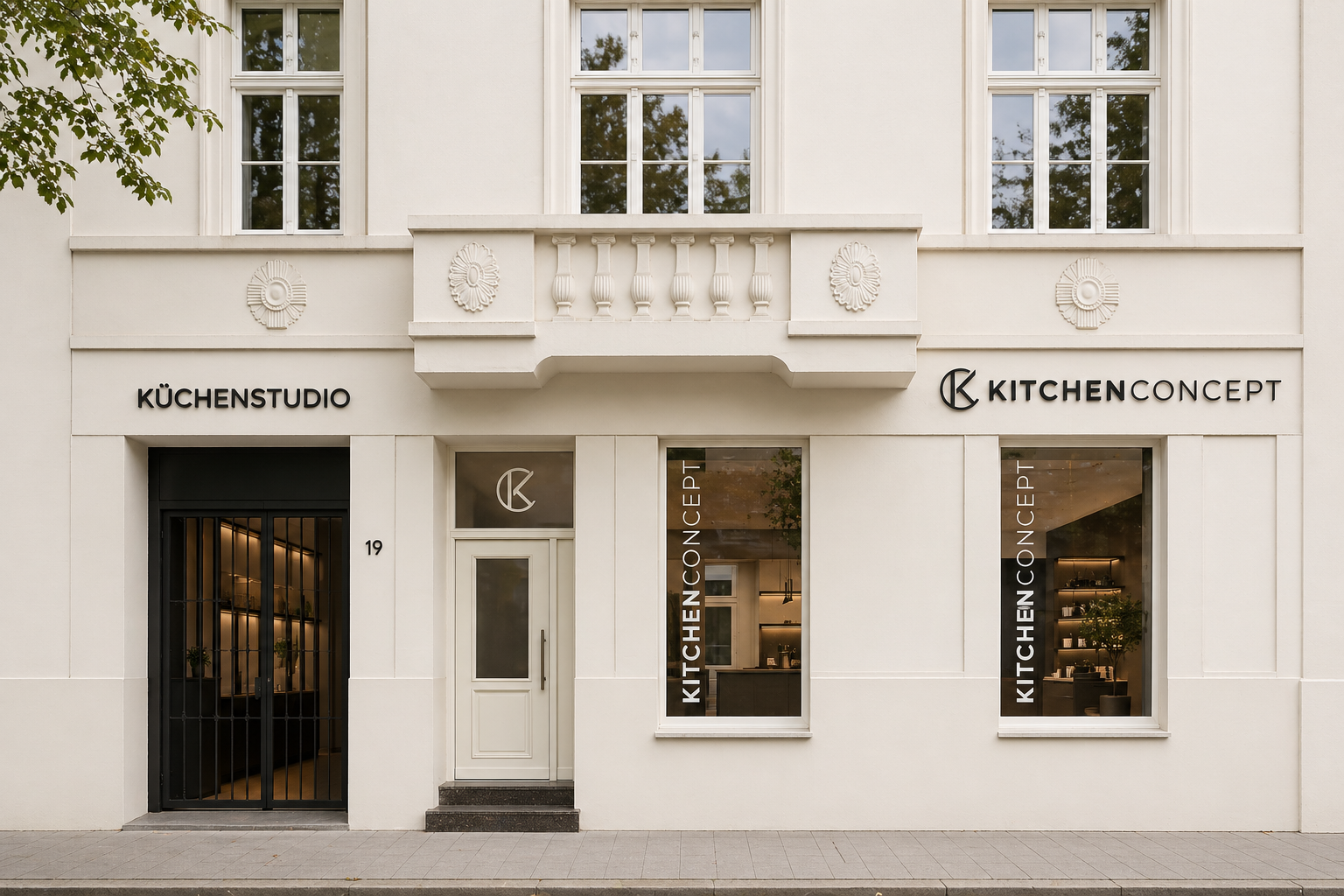 Kitchen Concept Küchenstudio Düsseldorf Außenansicht mit modernem Showroom und Schaufenstern