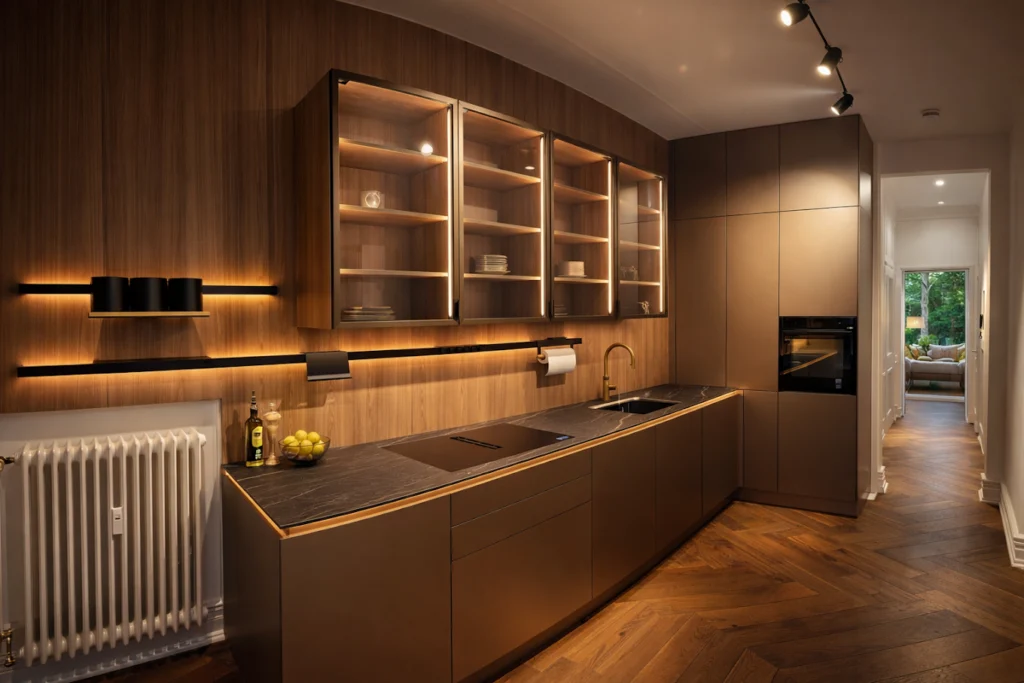 Designerküche mit Holzfronten, LED-Beleuchtung und Glasvitrinen in der Ausstellung Düsseldorf-Oberkassel