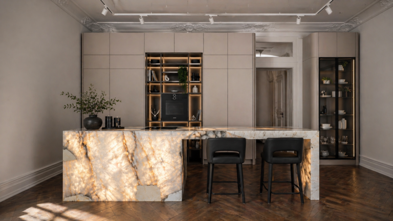 Luxusküche mit beleuchteter Marmor-Kochinsel im Kitchen Concept Showroom Düsseldorf