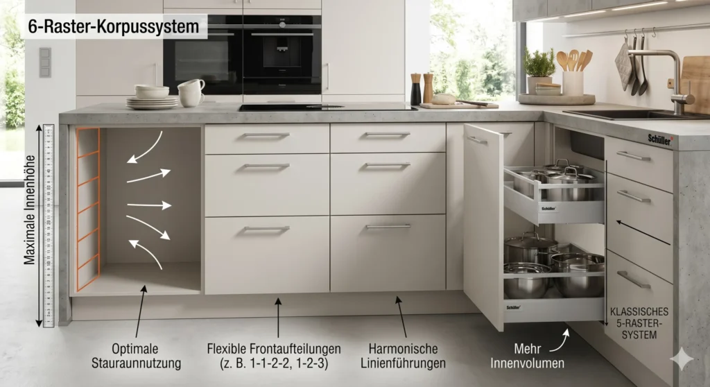 Schüller 6-Raster-Korpussystem im Vergleich zum klassischen 5-Raster-System – Infografik zeigt optimale Stauraumnutzung, flexible Frontaufteilungen und mehr Innenvolumen bei Unterschränken