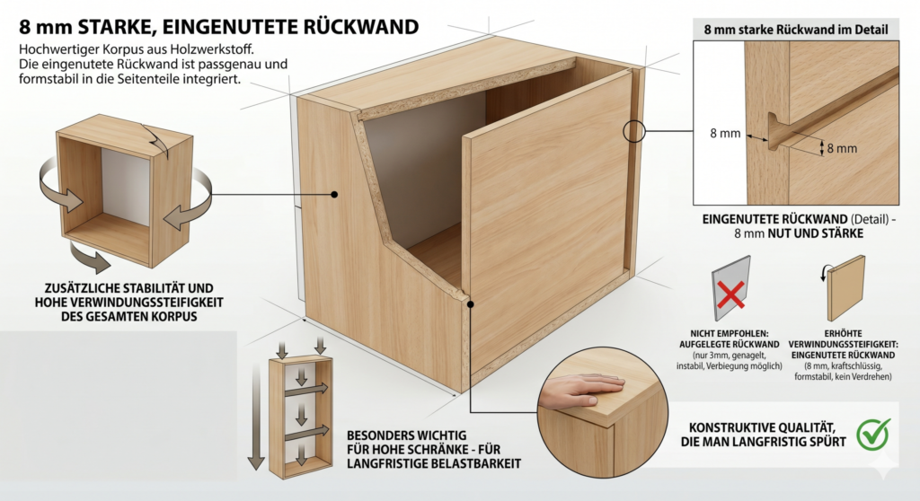 Schüller 8mm eingenutete Rückwand – Technische Infografik zeigt Verwindungssteifigkeit, Nut-und-Feder-Verbindung versus aufgelegte Rückwand, konstruktive Qualität für Hochschränke