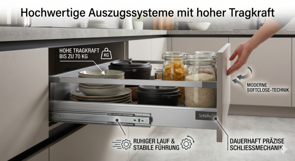Schüller Vollauszug mit Softclose-Technik und 70kg Tragkraft – hochwertiges Auszugssystem mit stabilem Lauf und präziser Schließmechanik für Unterschränke