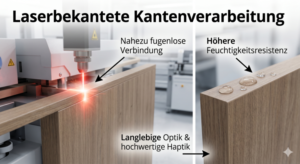 Schüller Laserkanten-Technologie – fugenlose Kantenverarbeitung mit Laser sorgt für Feuchtigkeitsresistenz, langlebige Optik und hochwertige Haptik bei Küchenfronten