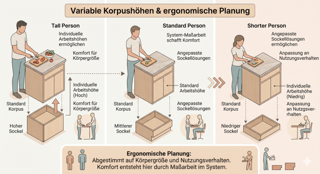 Schüller variable Korpushöhen und Sockellösungen – ergonomische Küchenplanung für große, mittlere und kleine Körpergrößen mit individuellen Arbeitshöhen