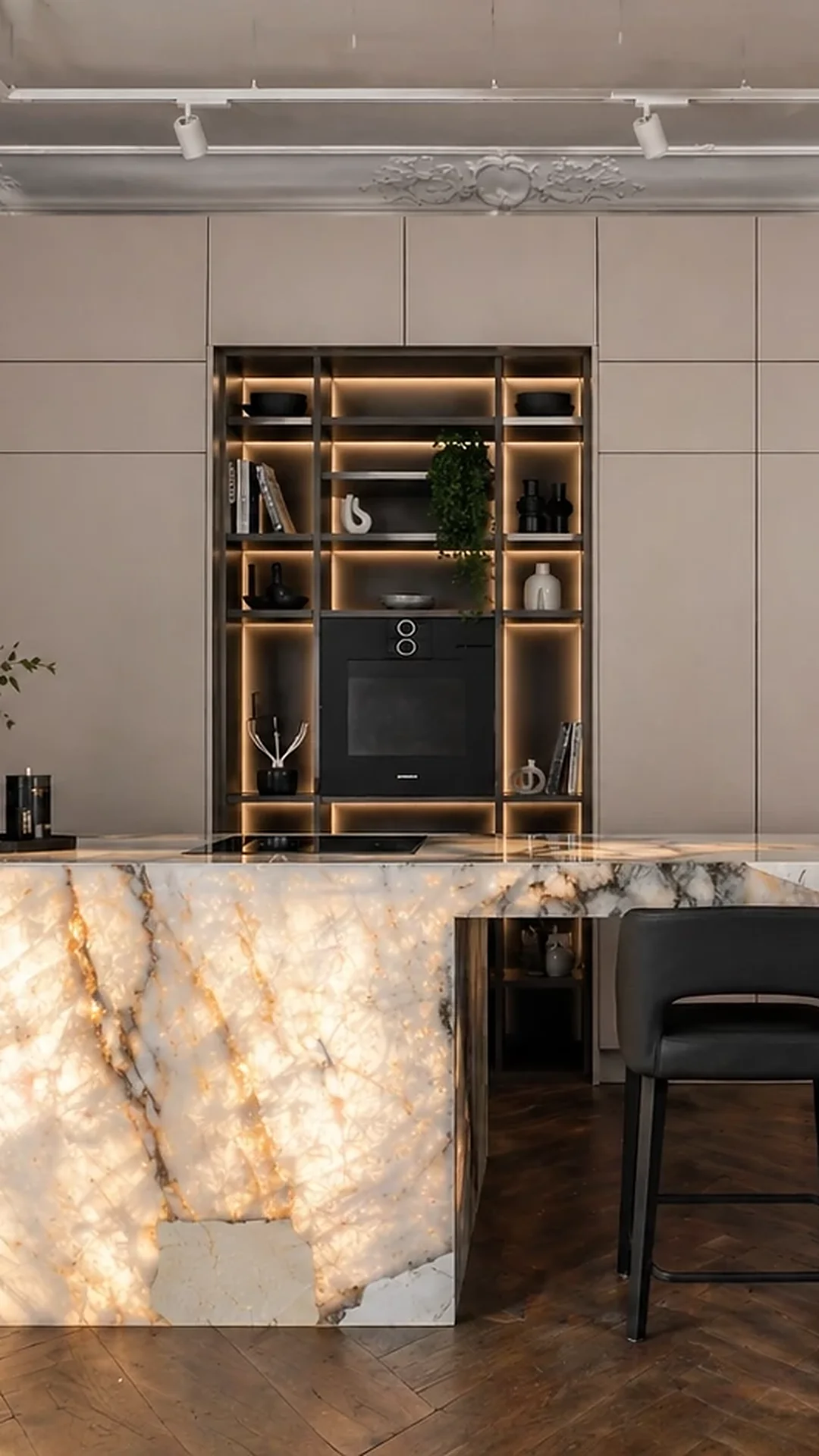 Luxusküche mit beleuchteter Marmor-Kochinsel im Kitchen Concept Showroom Düsseldorf